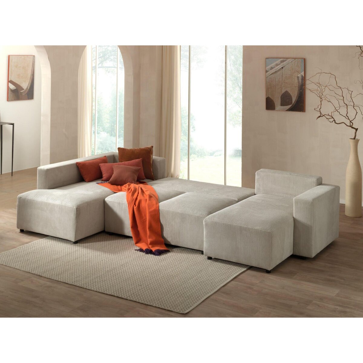 LISA DESIGN Livy - canapé panoramique convertible - avec coffre - en velours côtelé - 7 places - gauche