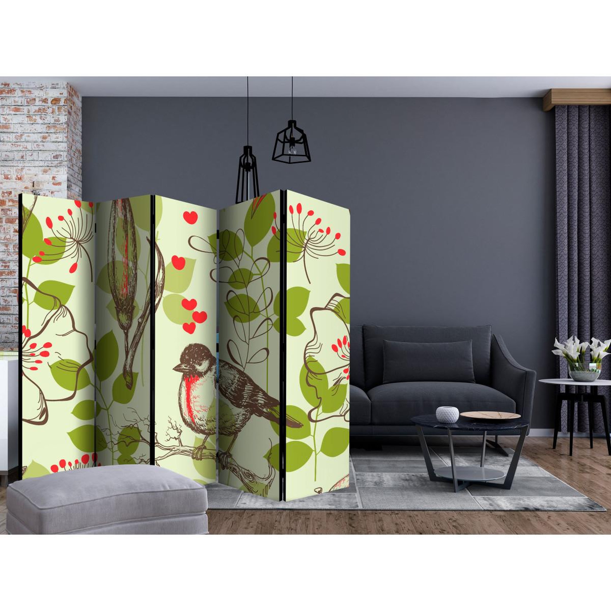 Voir la diapositive 2 : Paris Prix Paravent 5 volets  bird & lilies vintage pattern  172x225cm
