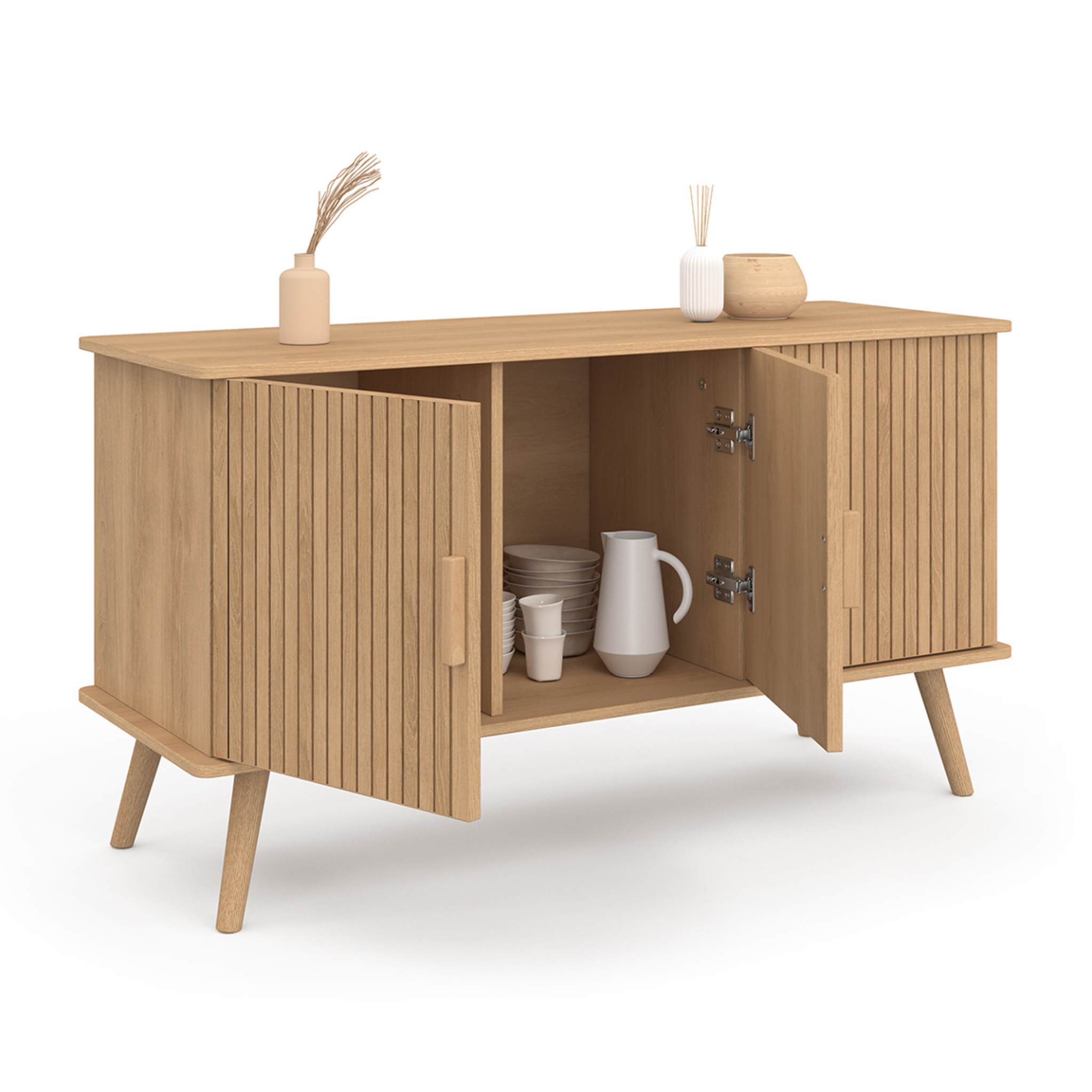 Voir la diapositive 4 : ID MARKET Buffet 110 cm juliette 3 portes lattes tasseau bois coloris chêne