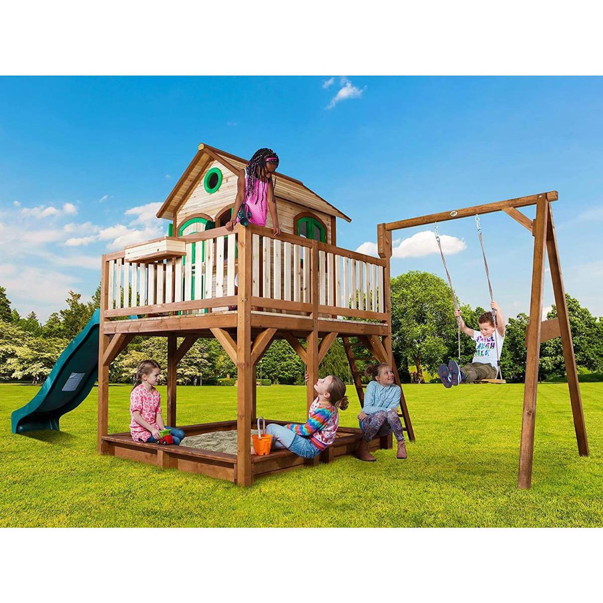 Axi House Axi Maisonnette LIAM Brun Vert avec 1 balancoire toboggan et bac à sable