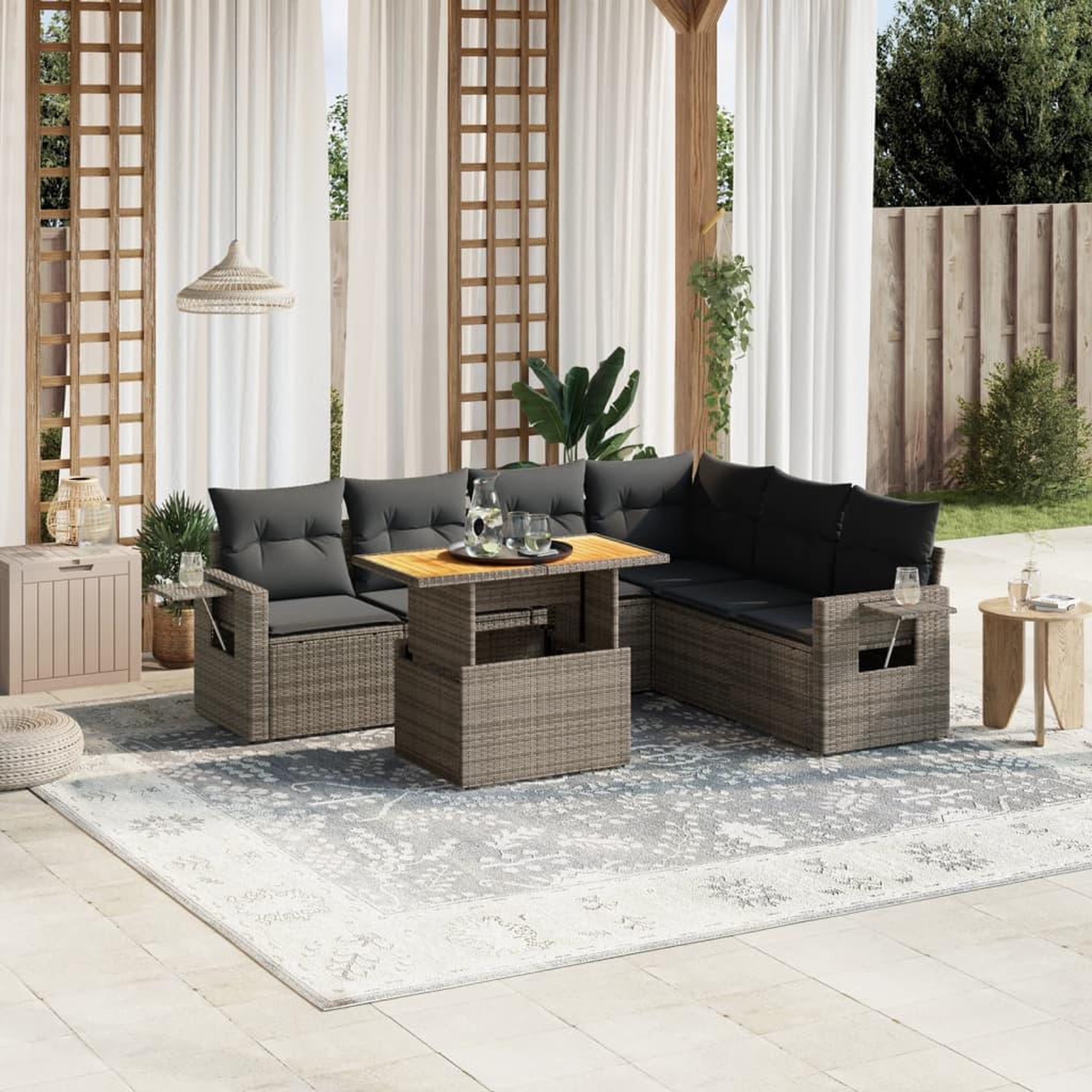 VIDAXL Salon de jardin avec coussins 7 pcs gris resine tressee