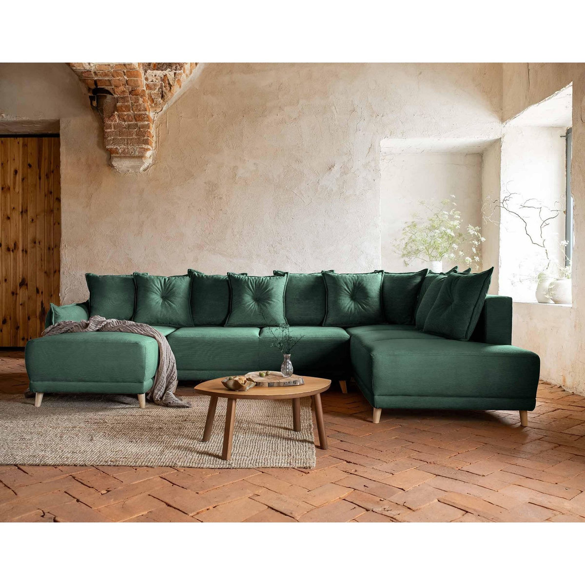 BEST MOBILIER Lena - canapé panoramique d'angle droit 7 places - convertible avec coffre - en velours côtelé