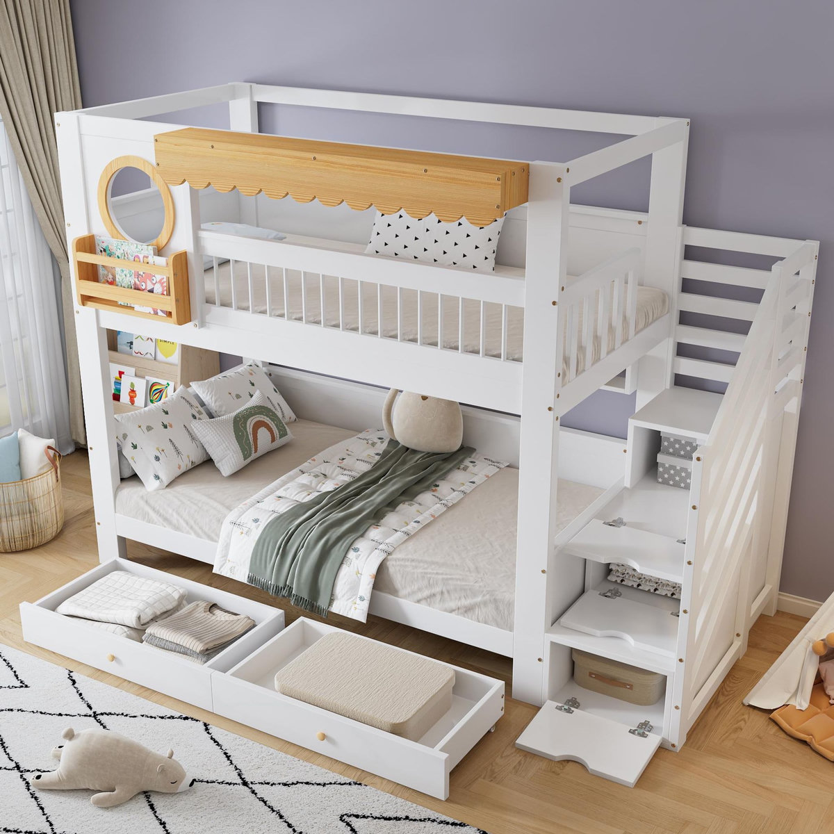 MERAX Lit superposé 90x200 cm coloris blanc+naturel pin