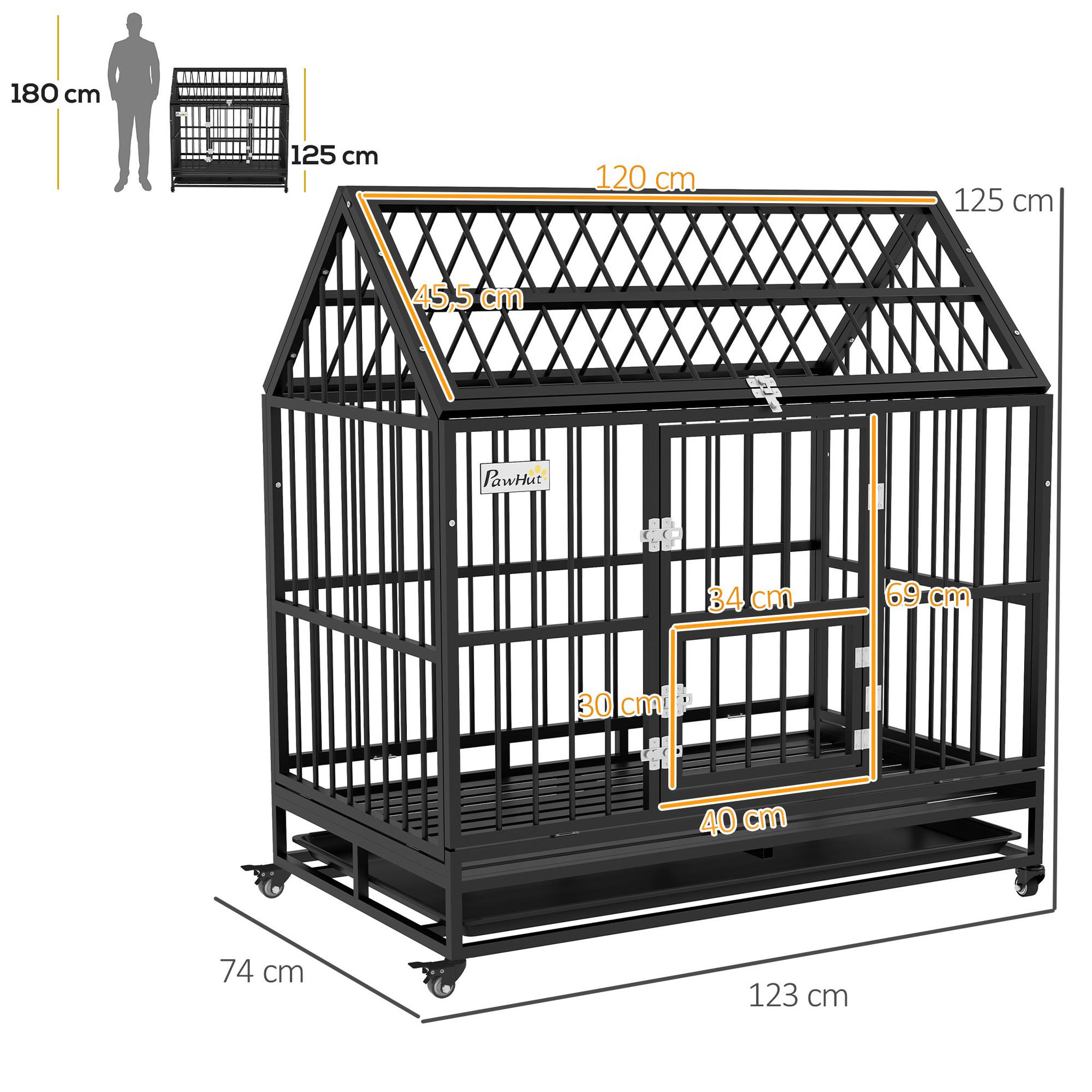 Voir la diapositive 3 : PAWHUT Cage chien grande taille sur roulettes - 2 portes verrouillables, plateau amovible - acier noir
