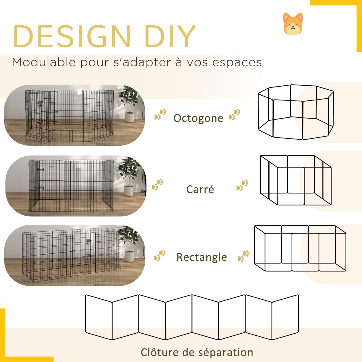 PAWHUT Parc enclos acier pour chien animaux 1 porte 8 panneaux 76L x 61l cm noir