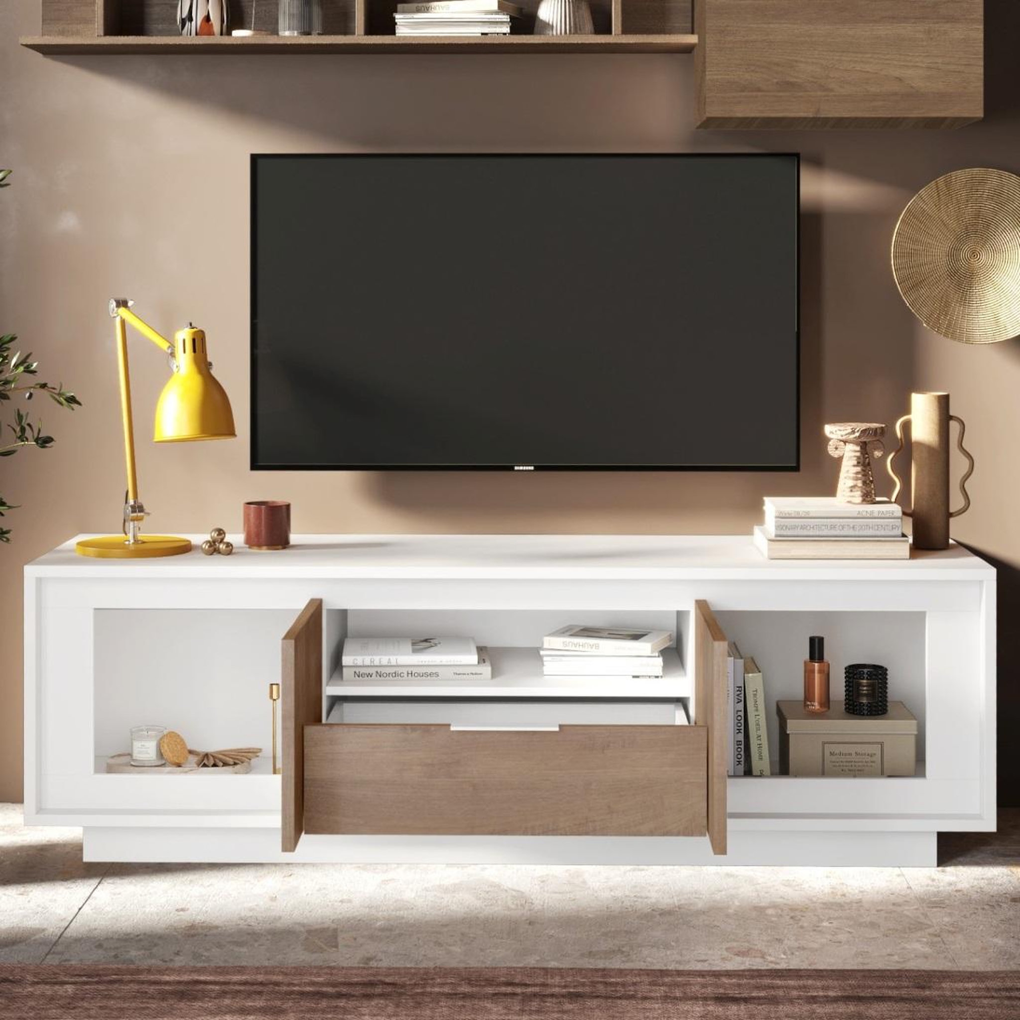 Voir la diapositive 4 : JLC KREATION Meuble tv contemporain 180cm blanc et noyer yori