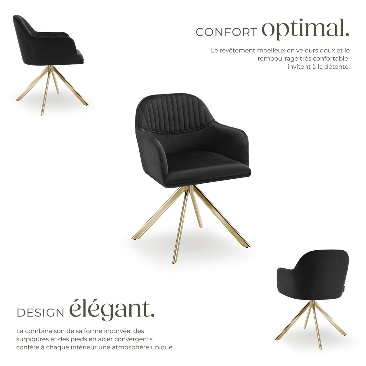 tectake Chaise pivotante en velours rembourrée noir/or Lot de 2