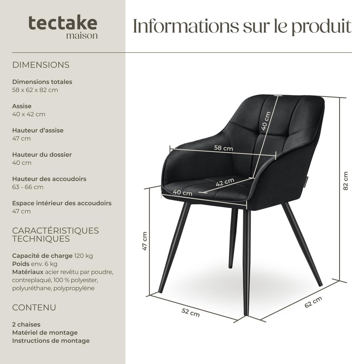 tectake Chaise de salle à manger rembourrée et en velours matelassé noir/noir Lot de 2