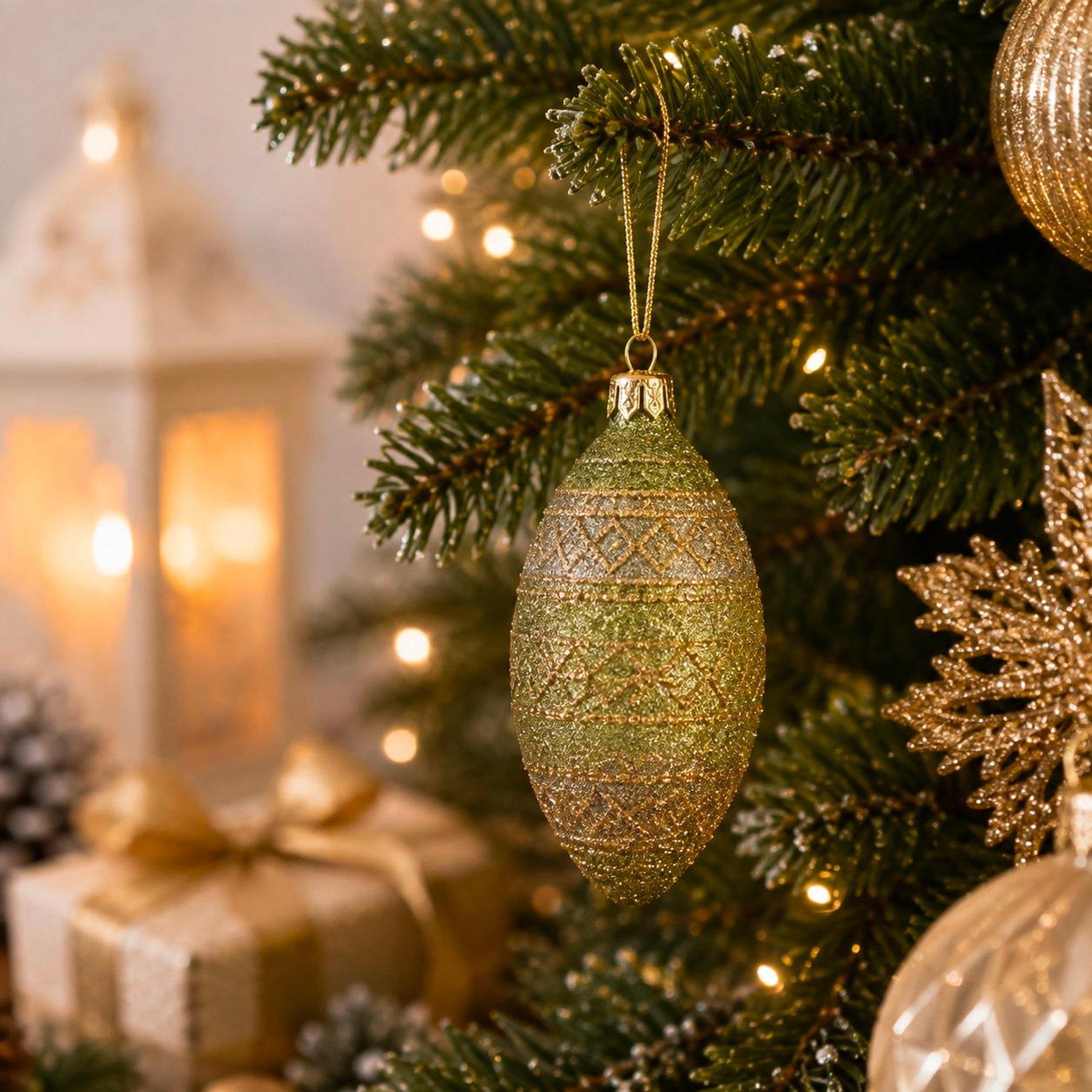 Voir la diapositive 2 : Eden Boule de noël forme œuf pailletée  vert et or  8 cm