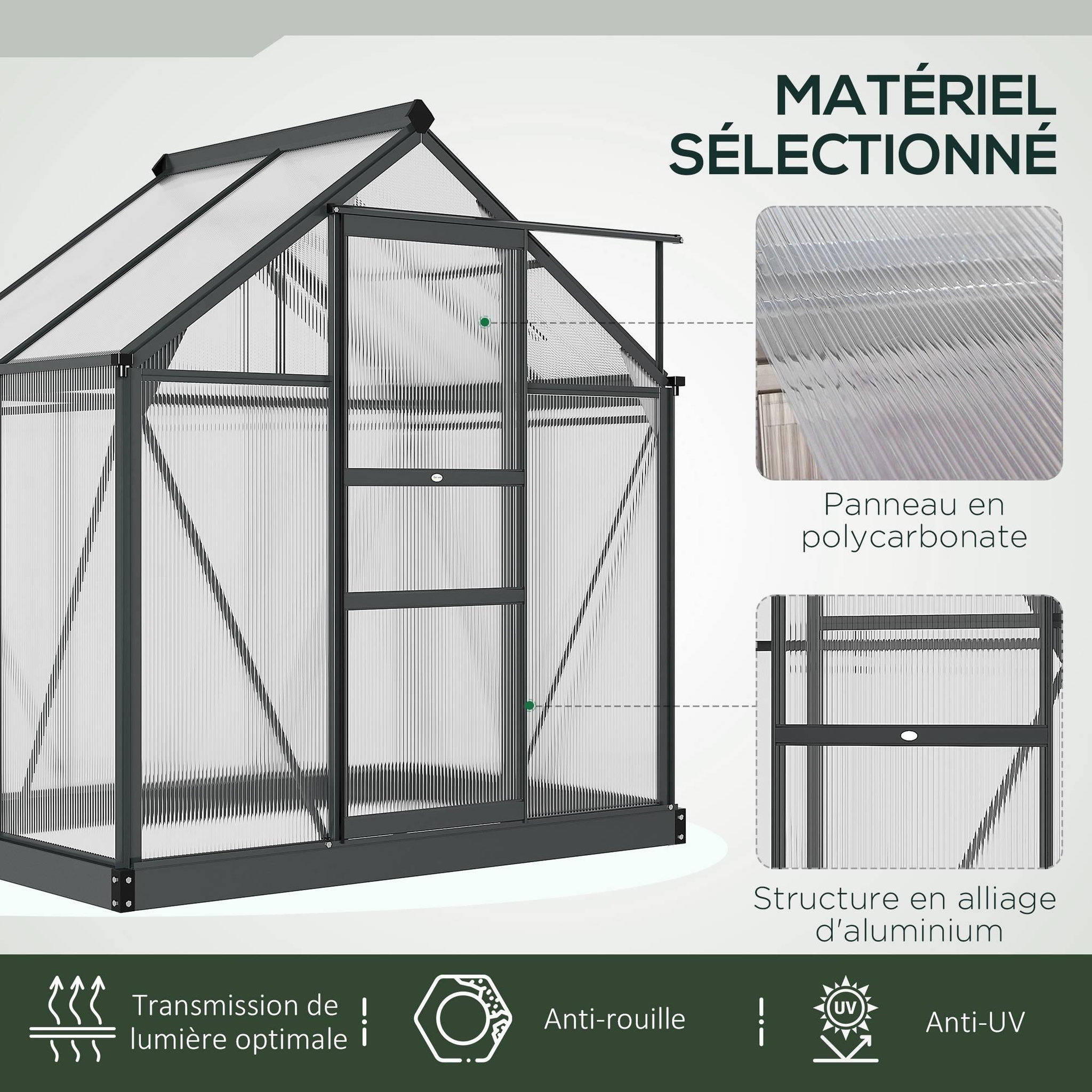 Voir la diapositive 4 : OUTSUNNY Serre de jardin aluminium polycarbonate 2,51 m² dim. 1,9l x 1,32l x 2,01h m lucarne, porte coulissante + fondation incluse alu. Gris polycarbonate transparent