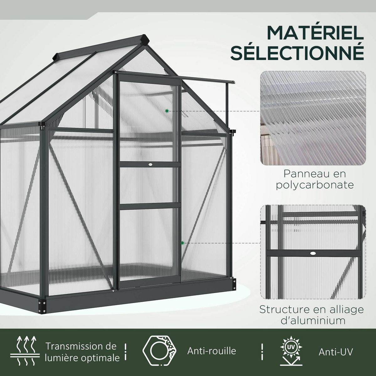 OUTSUNNY Serre de jardin aluminium polycarbonate 2,51 m² dim. 1,9L x 1,32l x 2,01H m lucarne, porte coulissante + fondation incluse alu. gris polycarbonate transparent