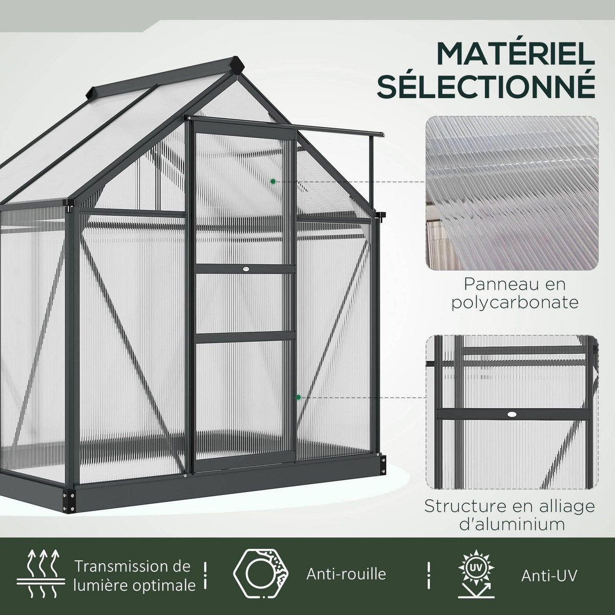 OUTSUNNY Serre de jardin aluminium polycarbonate 2,51 m² dim. 1,9L x 1,32l x 2,01H m lucarne, porte coulissante + fondation incluse alu. gris polycarbonate transparent