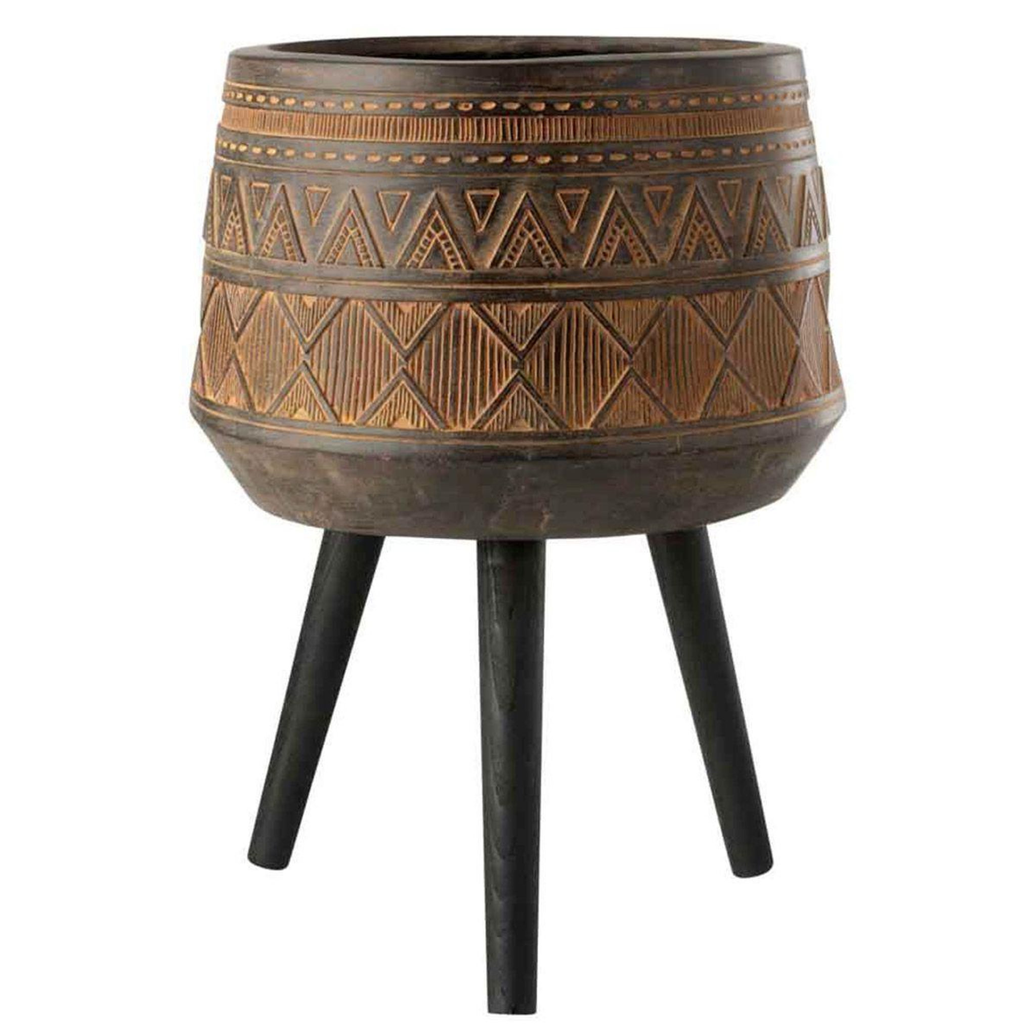 Voir la diapositive 1 : J-LINE Cache-pot sur 3 pieds  ethnique  56cm marron