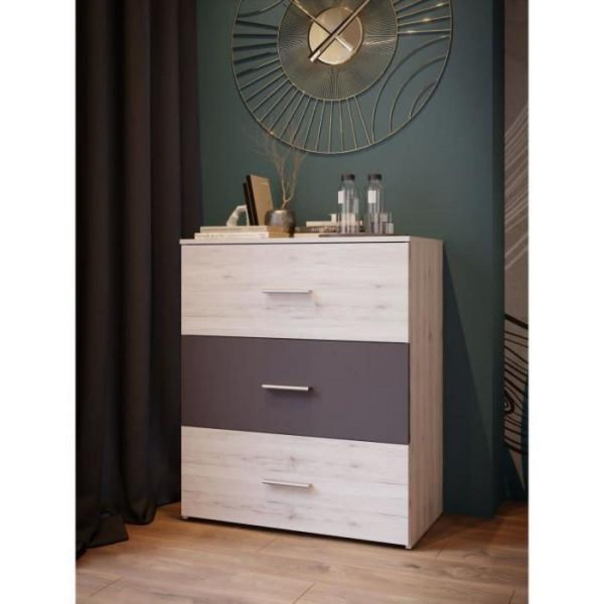 MARKET24 Commode - ADRIA - 3 tiroirs - Chene cendré / Gris uni - L75x P41 x 90 cm
