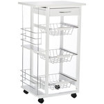 HOMCOM Chariot de service desserte de cuisine à roulettes multi-rangements 3 paniers métal tiroir + 2 range-bouteilles bois pin. Coloris disponibles : Gris, Blanc