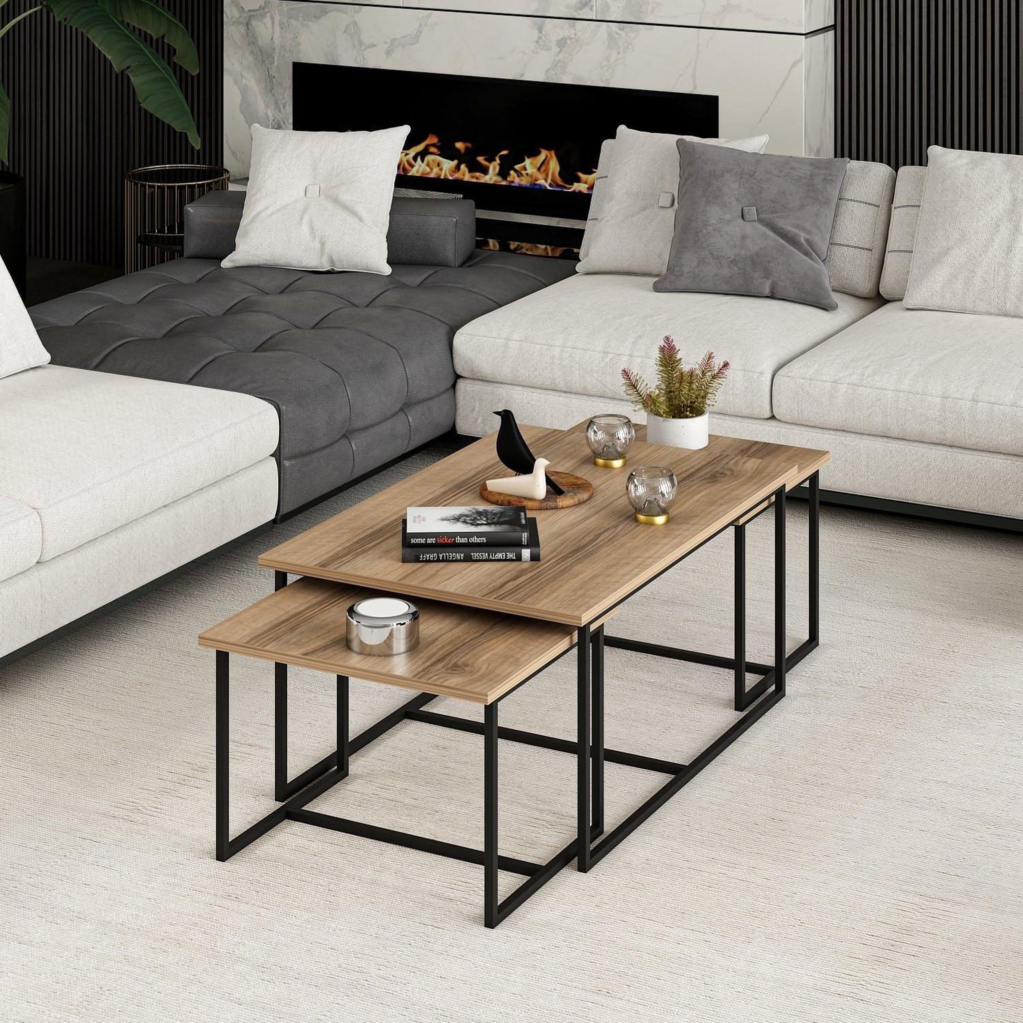 Voir la diapositive 3 : Habitat et Jardin Table gigogne (3 pièces) en bois  levada  - 90 x 60 x 42 cm - noyer