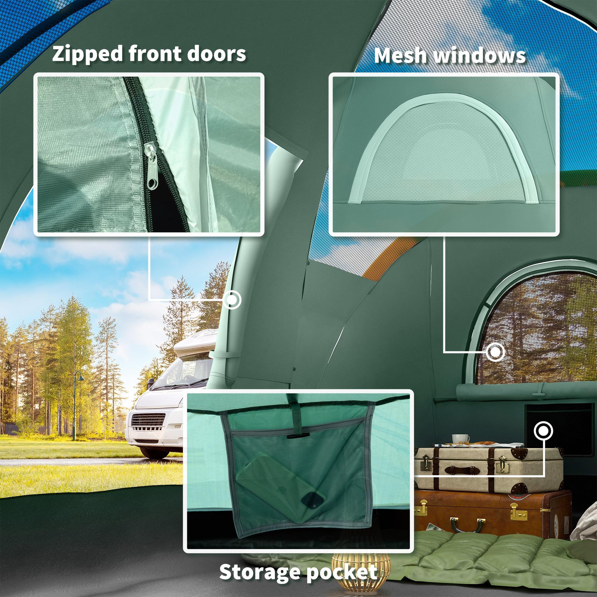 Voir la diapositive 4 : OUTSUNNY Tente de camping familiale 5-6 pers. - porte, 2 fenêtres - vert