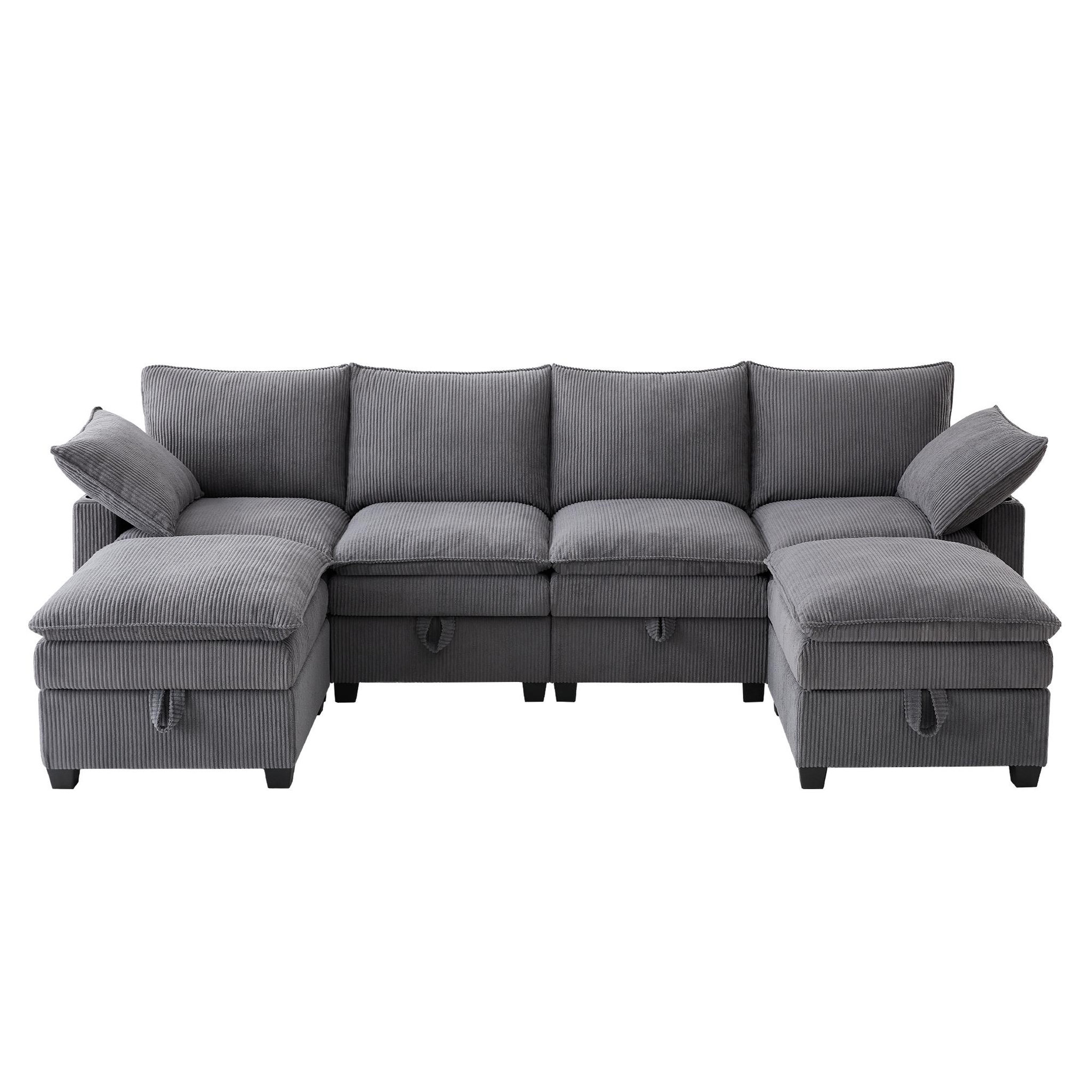 MERAX Canapé d'angle panoramique fixe 6 places tissu coffre de rangement. Coloris disponibles : Beige, Gris