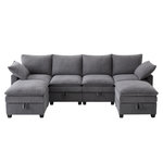 MERAX Canapé d'angle panoramique fixe 6 places tissu coffre de rangement. Coloris disponibles : Beige, Gris