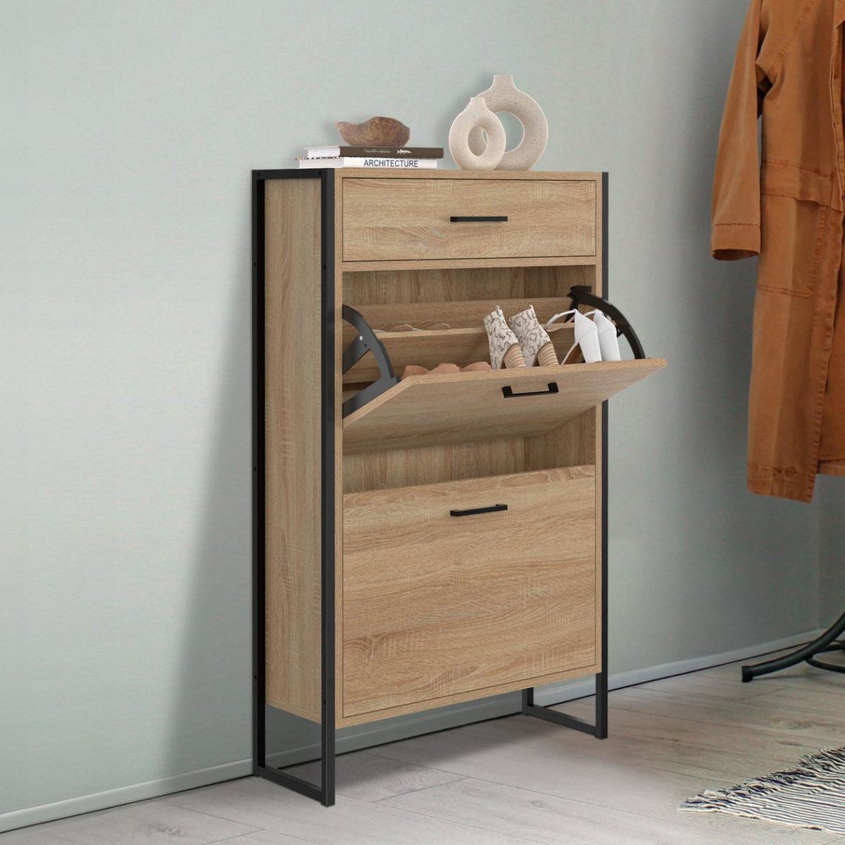 ID MARKET Meuble à chaussures 12 paires LUIS 2 portes avec tiroir design industriel