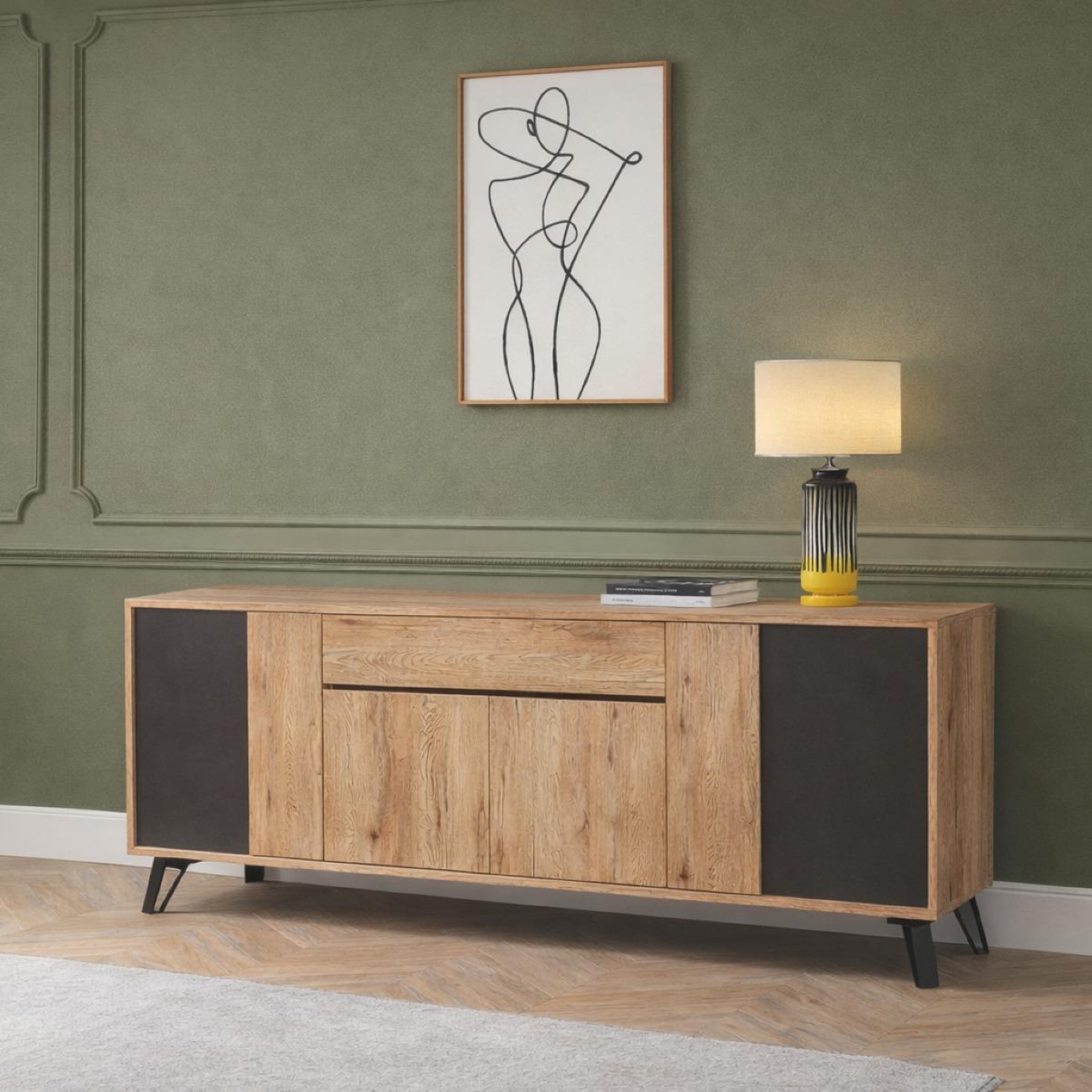 Voir la diapositive 2 : JLC KREATION Buffet industriel en bois 220cm 4 portes + tiroir PEDRO
