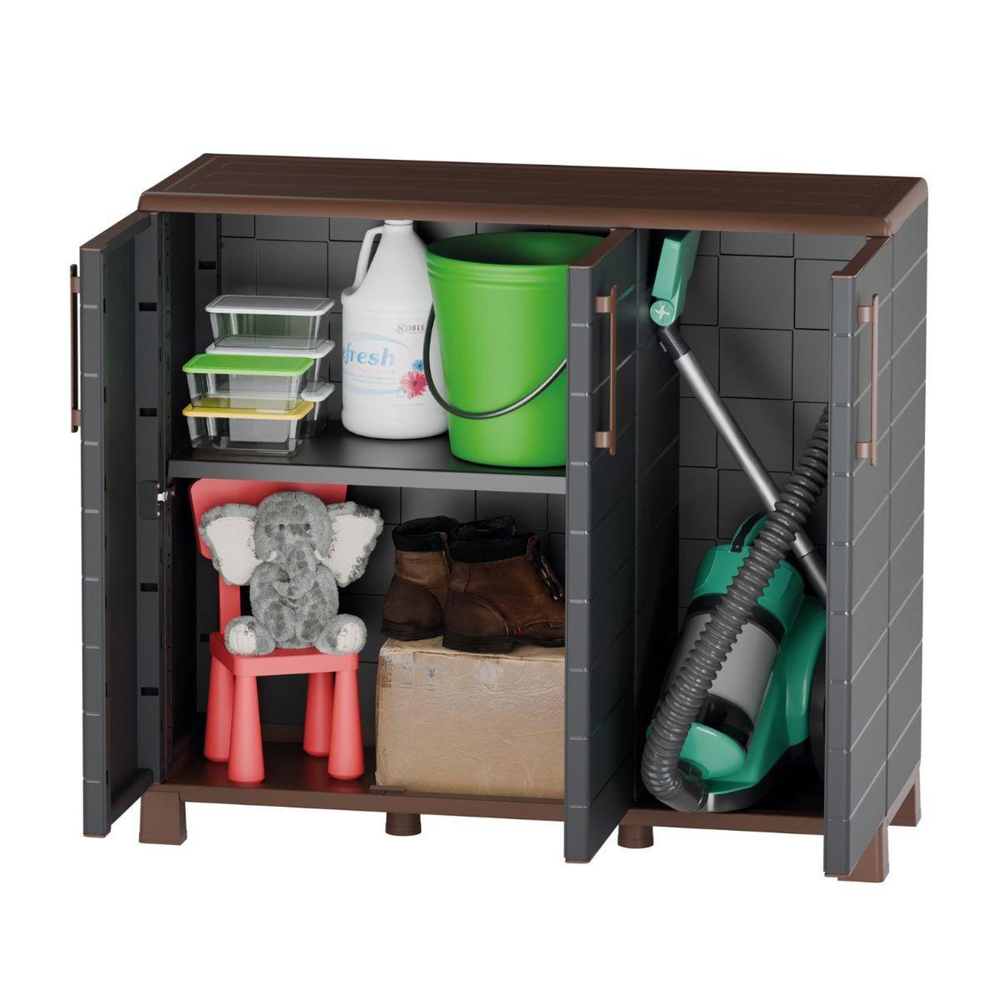 Voir la diapositive 3 : ART PLAST Armoire basse de rangement 3 portes 1 étagère 20kg max intérieur extérieur - meuble de rangement anthracite art plast