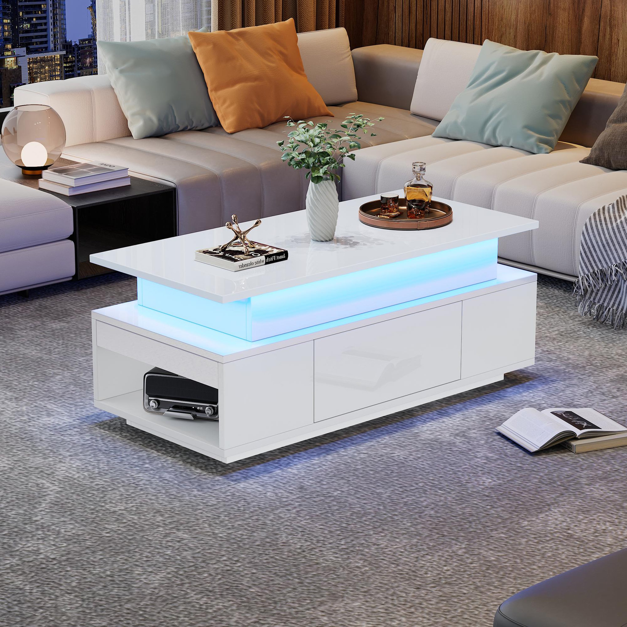 Voir la diapositive 4 : MERAX Table basse relevable rectangulaire blanc - 45x96 cm led panneau de particules