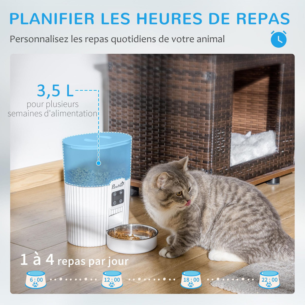 PAWHUT Distributeur de nourriture chat chien - distributeur de croquettes automatique programmable - gamelle incluse - acier inox. ABS blanc