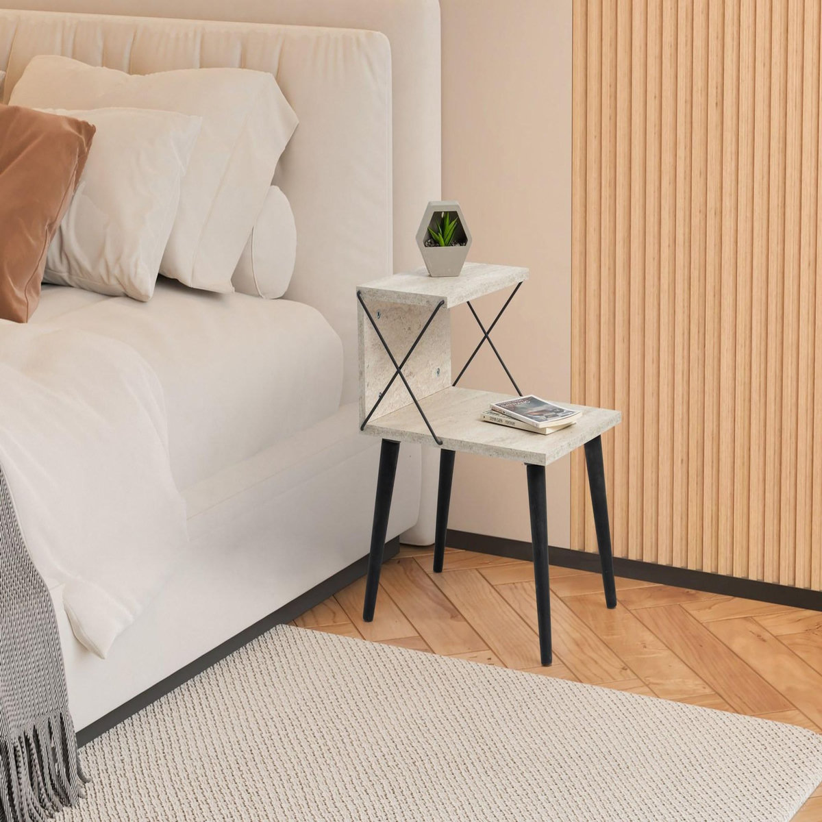 Habitat et Jardin Table de chevet en bois  Cross  50 x 40 x 55 cm - Travertin