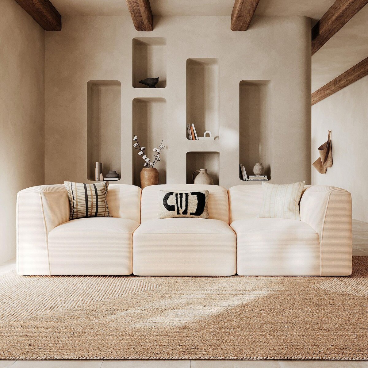 Rendez vous déco Canapé modulable en velours côtelé blanc cassé 3 places-Mina