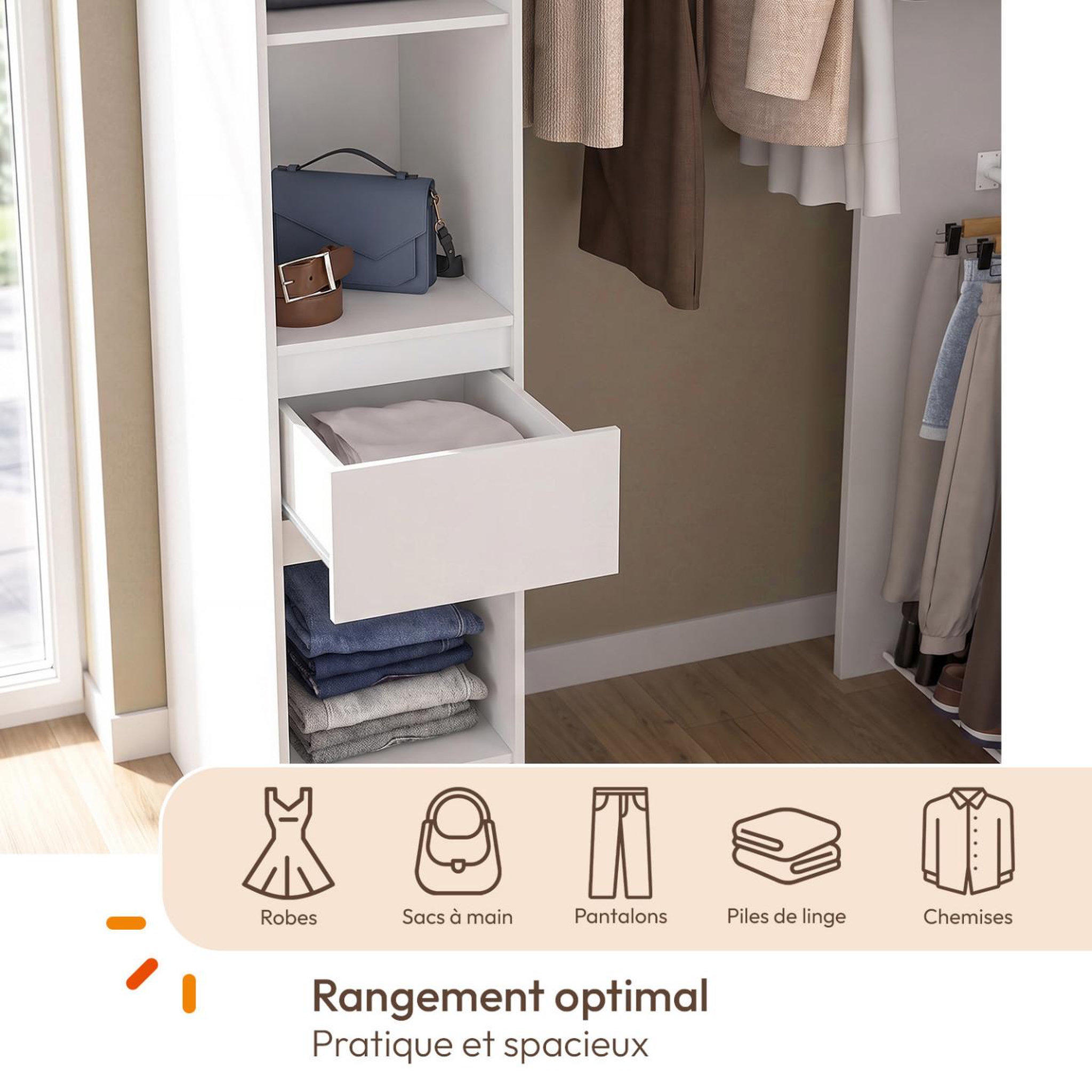 Voir la diapositive 6 : ID MARKET Dressing d'angle modulable l. 145 / 203 cm melman triple penderie + portes + tiroir + étagères blanc