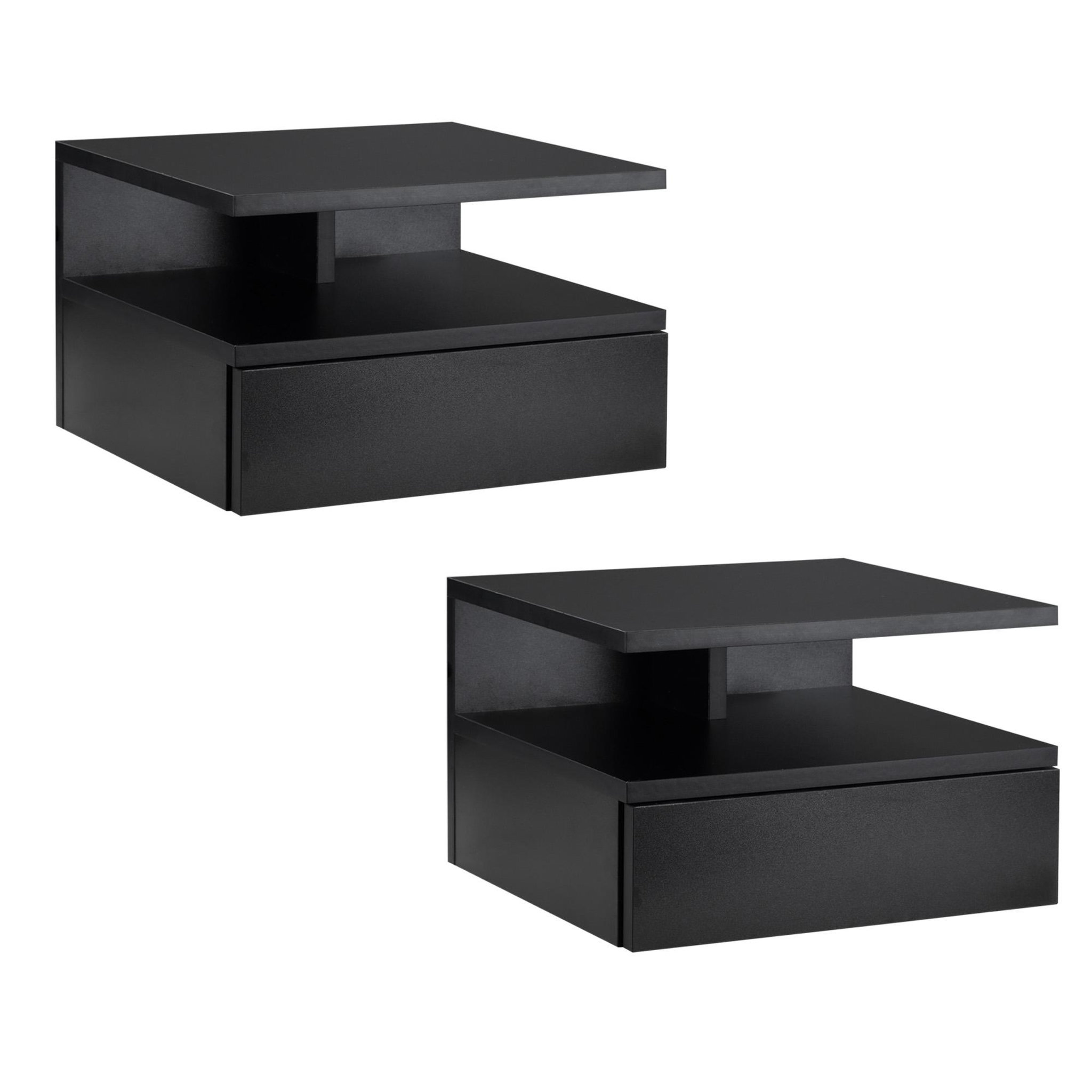 Voir la diapositive 1 : HOMCOM Lot de 2 tables de chevet murales - lot de 2 tables de nuit - tiroir coulissant, niche et plateau - panneau particules noir