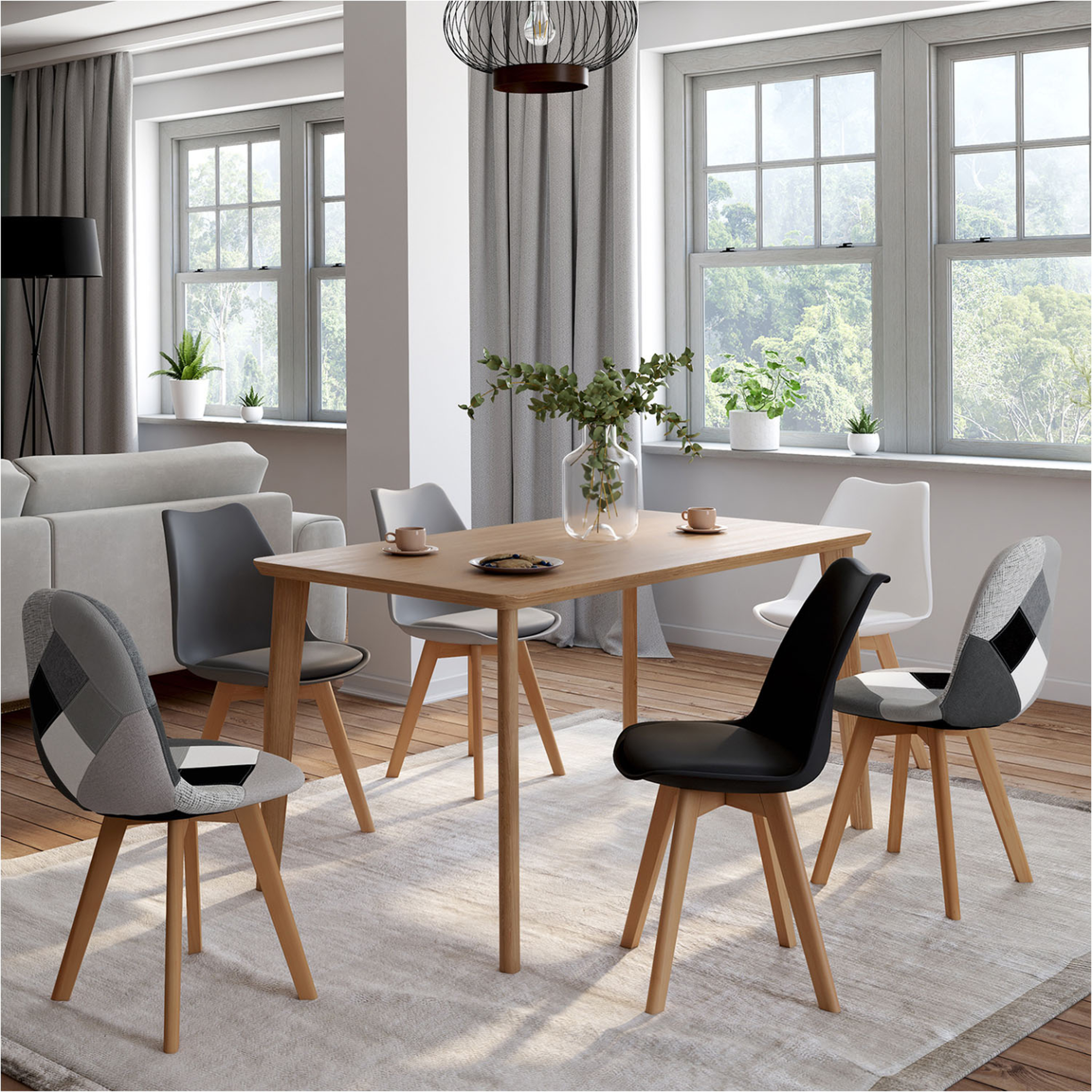 Voir la diapositive 2 : ID MARKET Lot de 6 chaises scandinaves sara gris foncé, gris clair, blanc, noir et patchworks noirs, gris et blancs