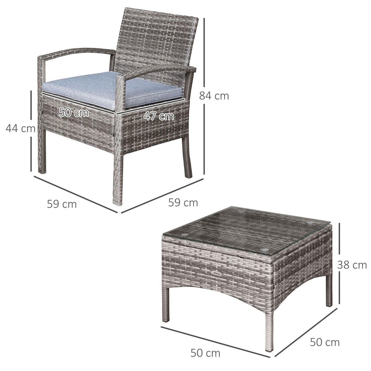 OUTSUNNY Ensemble salon de jardin 2 places 3 pièces résine tressée imitation rotin avec coussins gris
