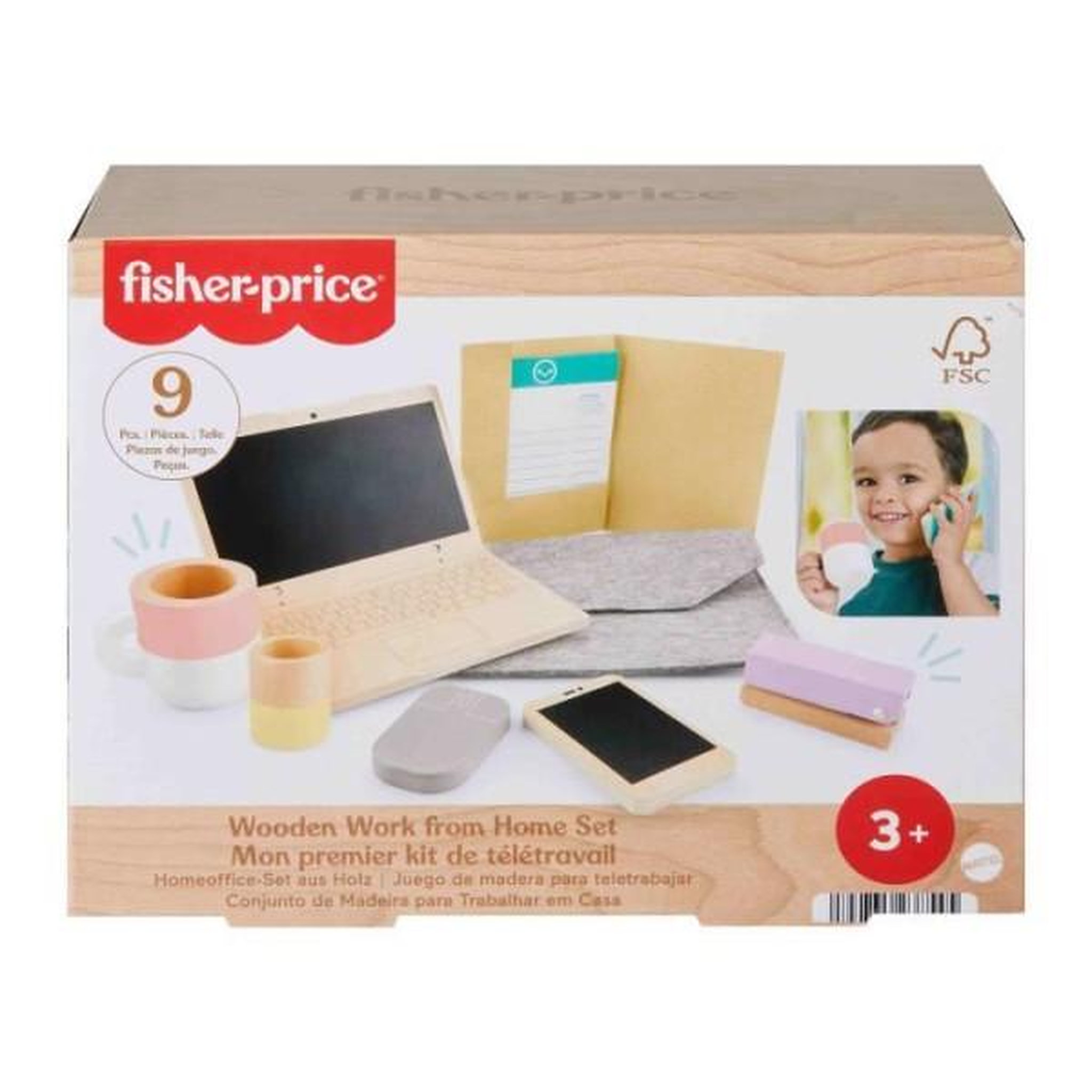 Voir la diapositive 3 : FISHER PRICE FISHER-PRICE Set de télétravail en Bois, 9 éléments avec ordinateur portable et téléphone en bois HXV11
