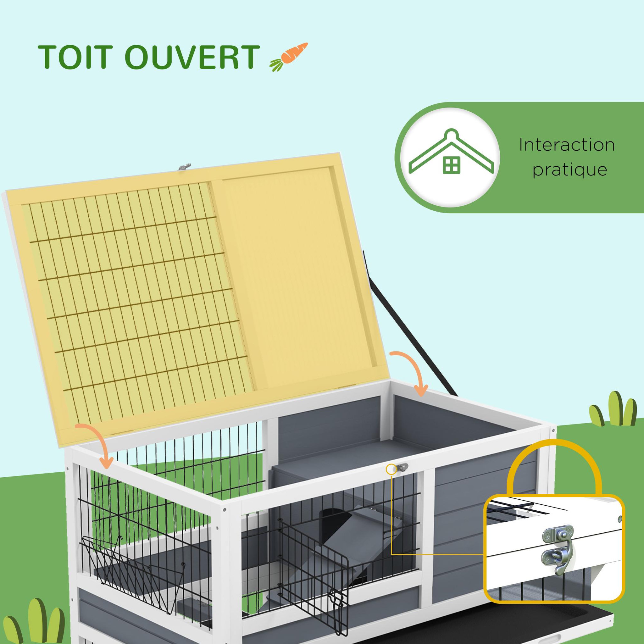 Voir la diapositive 5 : PAWHUT Clapier cage lapin sur roulettes - 2 niveaux, 2 plateaux, 3 portes, rampes - bois sapin gris blanc