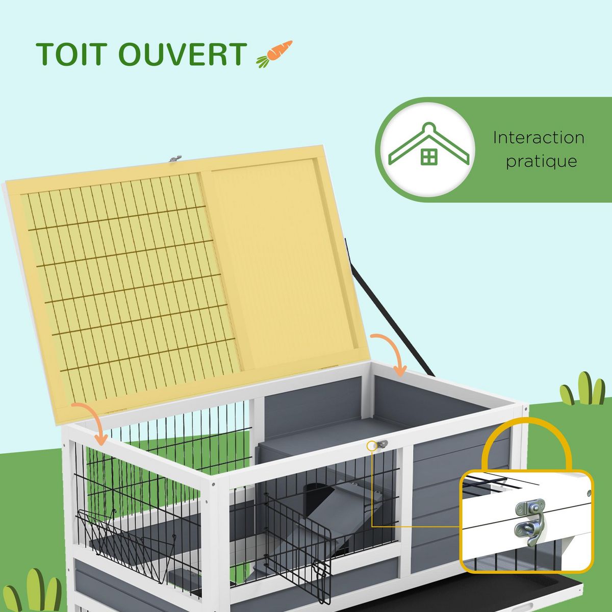 PAWHUT Clapier cage lapin sur roulettes - 2 niveaux, 2 plateaux, 3 portes, rampes - bois sapin gris blanc