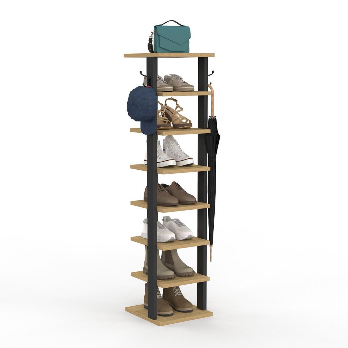 ID MARKET Etagère à chaussures 8 niveaux avec patères bois et noir