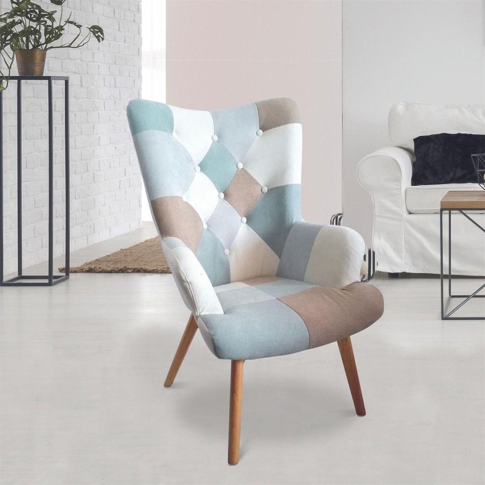 Voir la diapositive 6 : The Home Deco Factory Fauteuil Patchwork  Helsinki  99cm Bleu