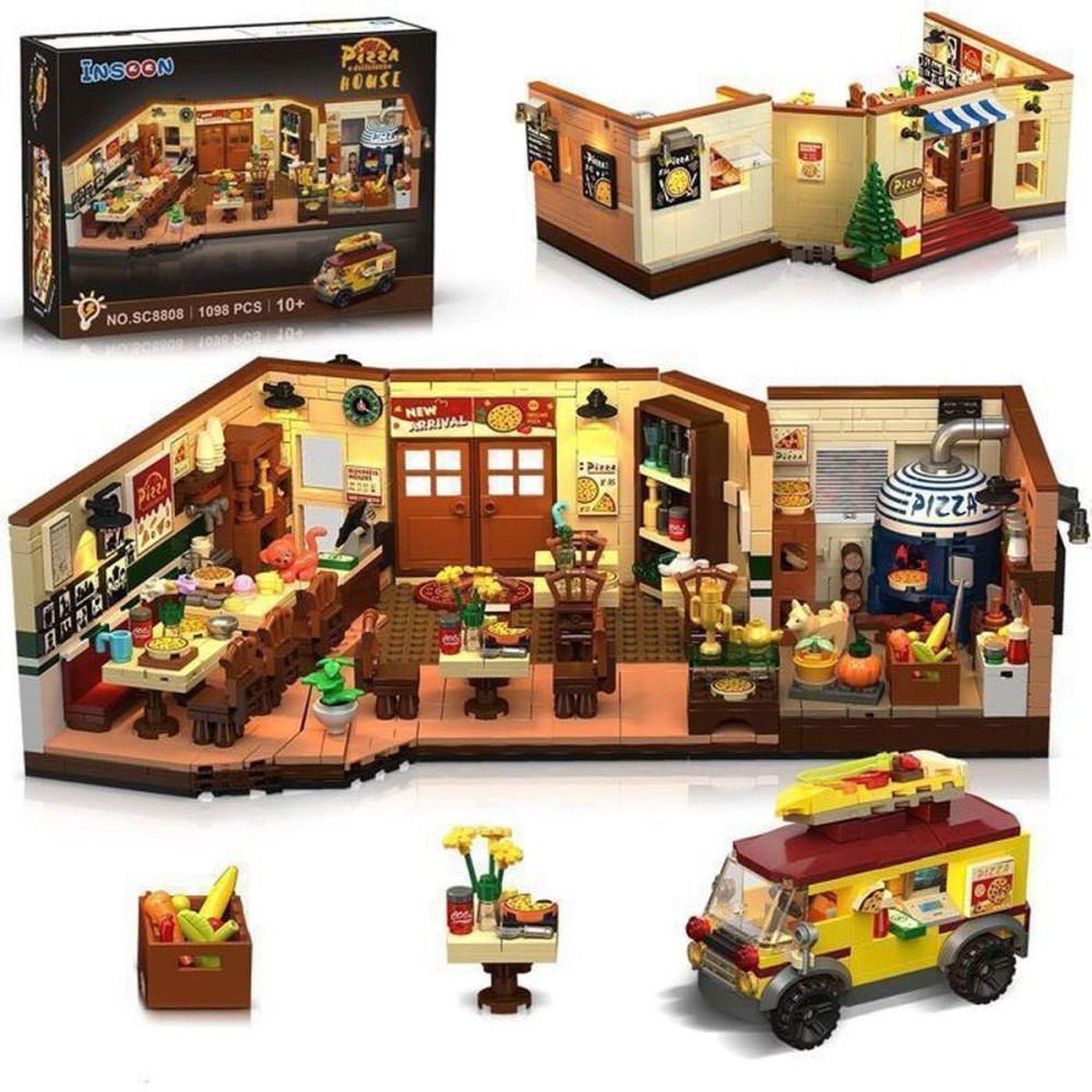 Set de construction CD Pizzeria Italienne avec LED intégrées, 1 098 pièces, design ouvert 3 côtés et camion pizza rétro