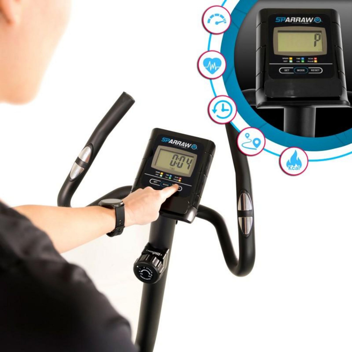 SPARRAW Vélo d'appartement CAMPO Roue d'inertie 3kg - 8 niveaux de résistance, Capteurs Pouls, Ecran d'entraînement, Réglable