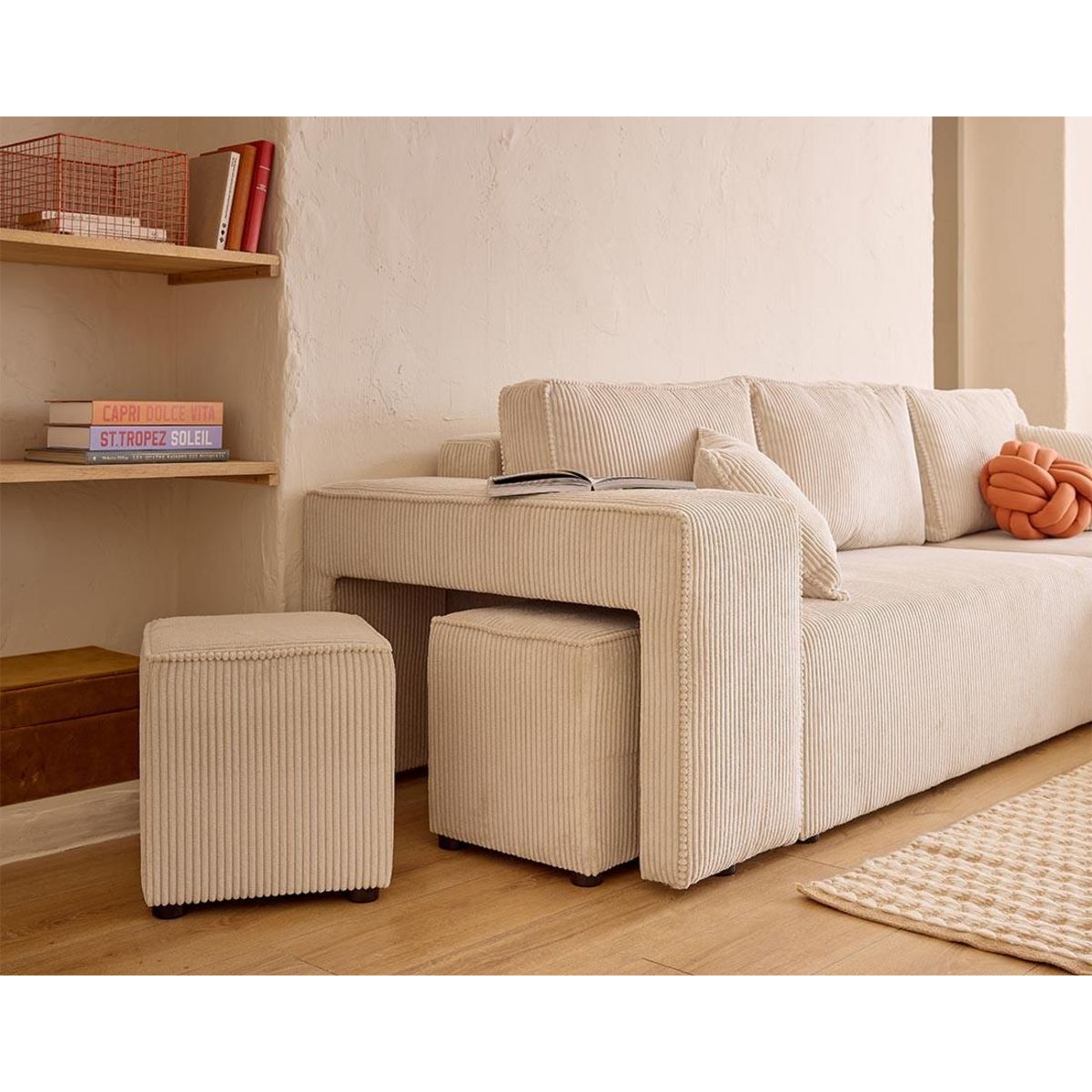 BEST MOBILIER Topaze - canapé d'angle réversible 4 places - convertible avec coffre, tablette et poufs - en velours côtelé