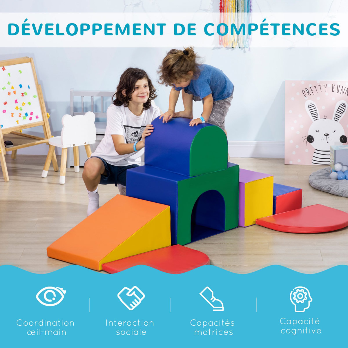 HOMCOM 7 blocs de construction en mousse XXL - modules de motricité - jouets éducatifs - certifiés normes EN71-1-2-3 - mousse EPE revêtement PU multicolore