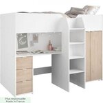 PARISOT Lit combiné mezzanine enfant - TOM - Blanc et chene - Armoire, bureau et sommier inclus
