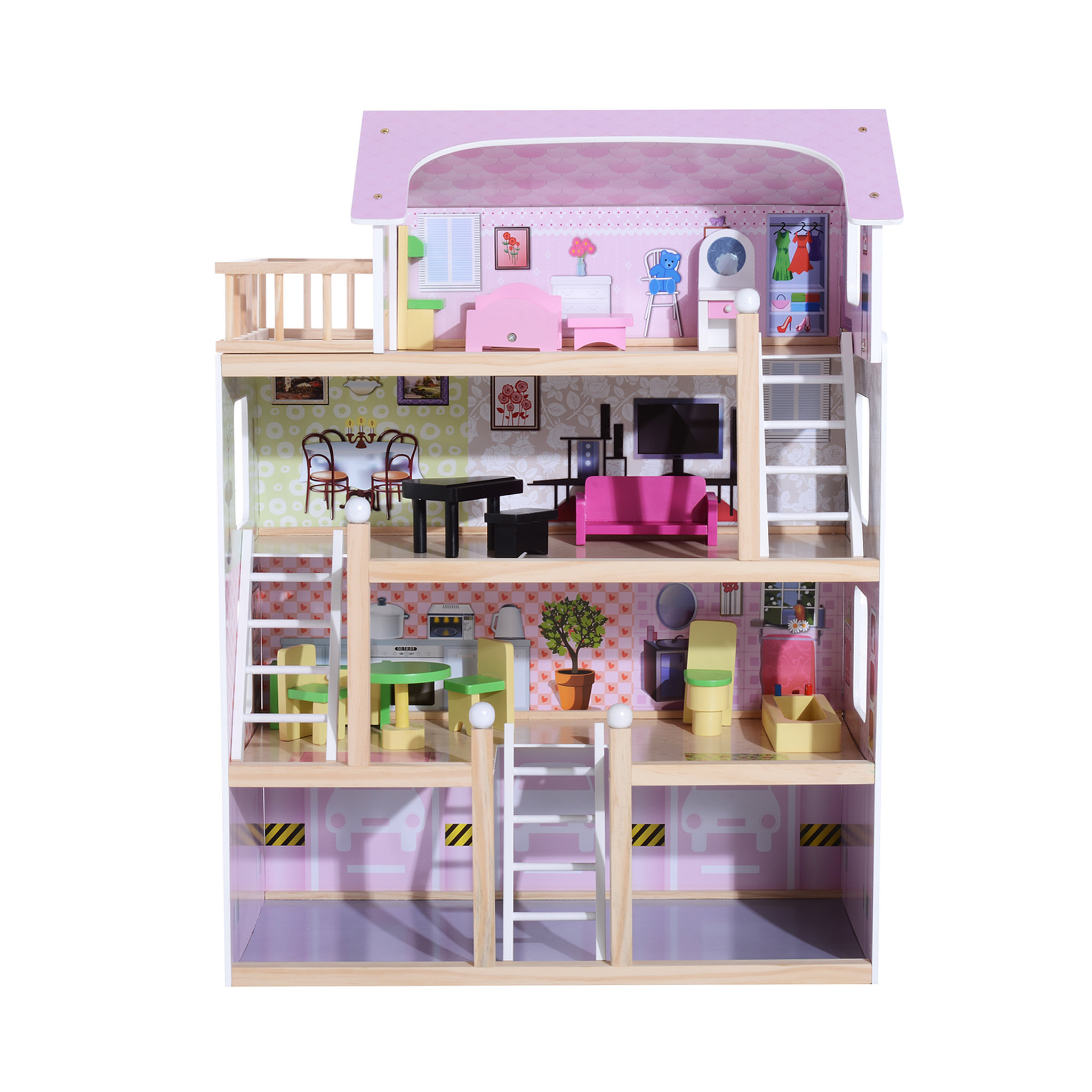Voir la diapositive 1 : HOMCOM Maison de poupée en bois jeu d'imitation grand réalisme multi-équipement 60L x 30l x 80H cm blanc et rose