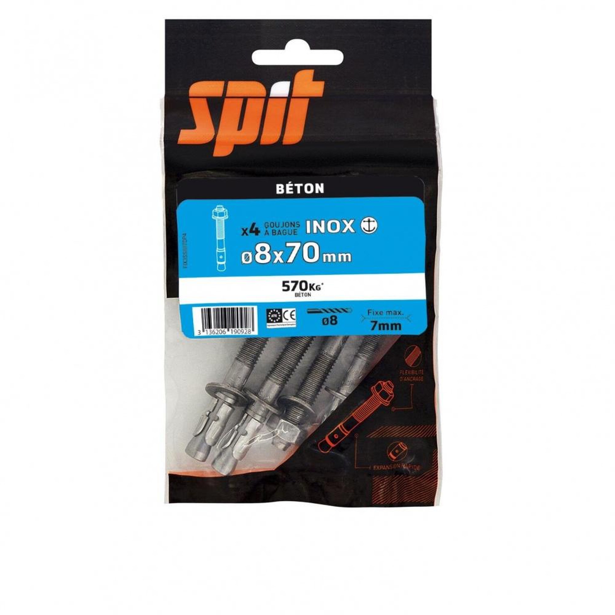 SPIT Lot de 4 goujons a bague acier SPIT, Diam.8 x L.70 mm