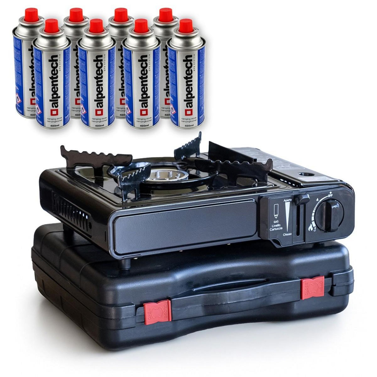 BRIXO Réchaud à gaz 2200W + 8 cartouches de gaz Camping Cuisine Extérieure