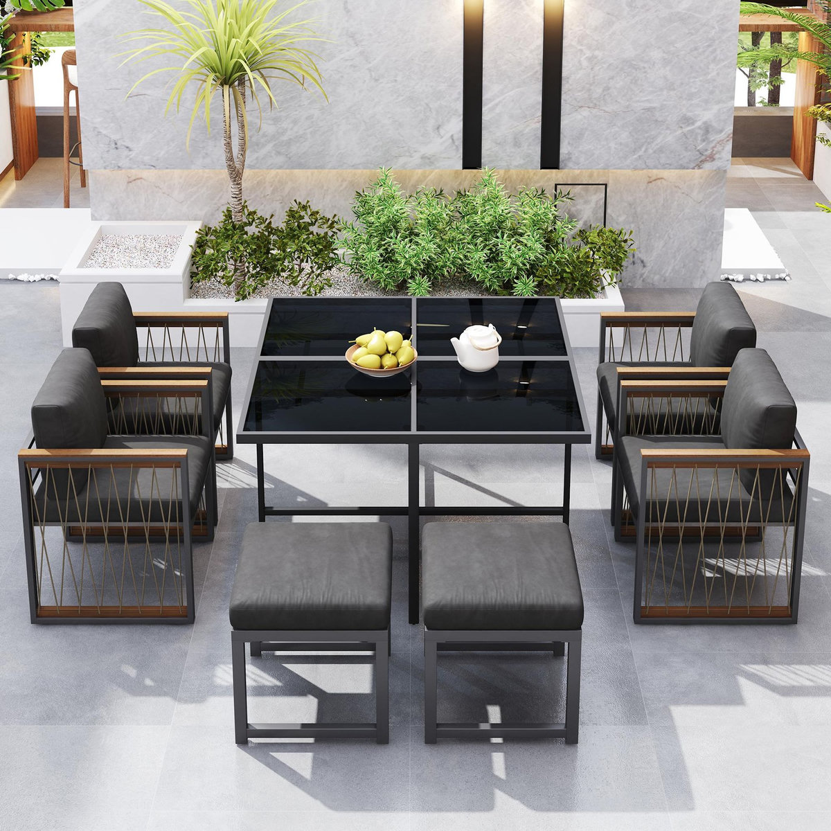 MERAX Salon de jardin 6 places avec table carrée, 4 fauteuils et 2 poufs