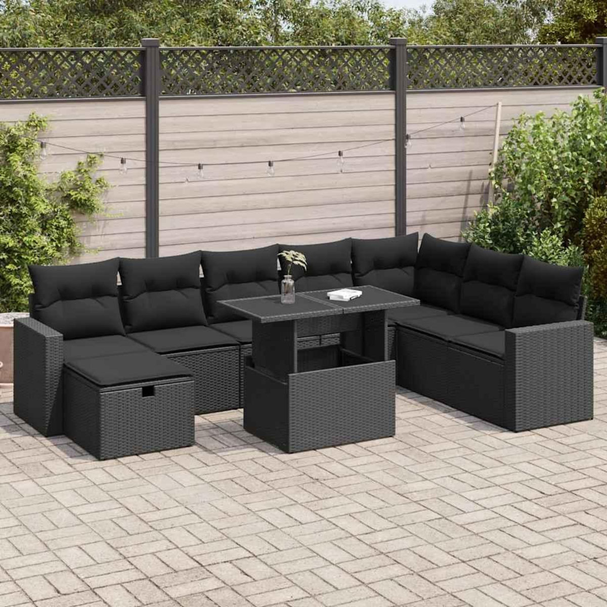 VIDAXL Salon de jardin 9 pcs avec coussins noir resine tressee