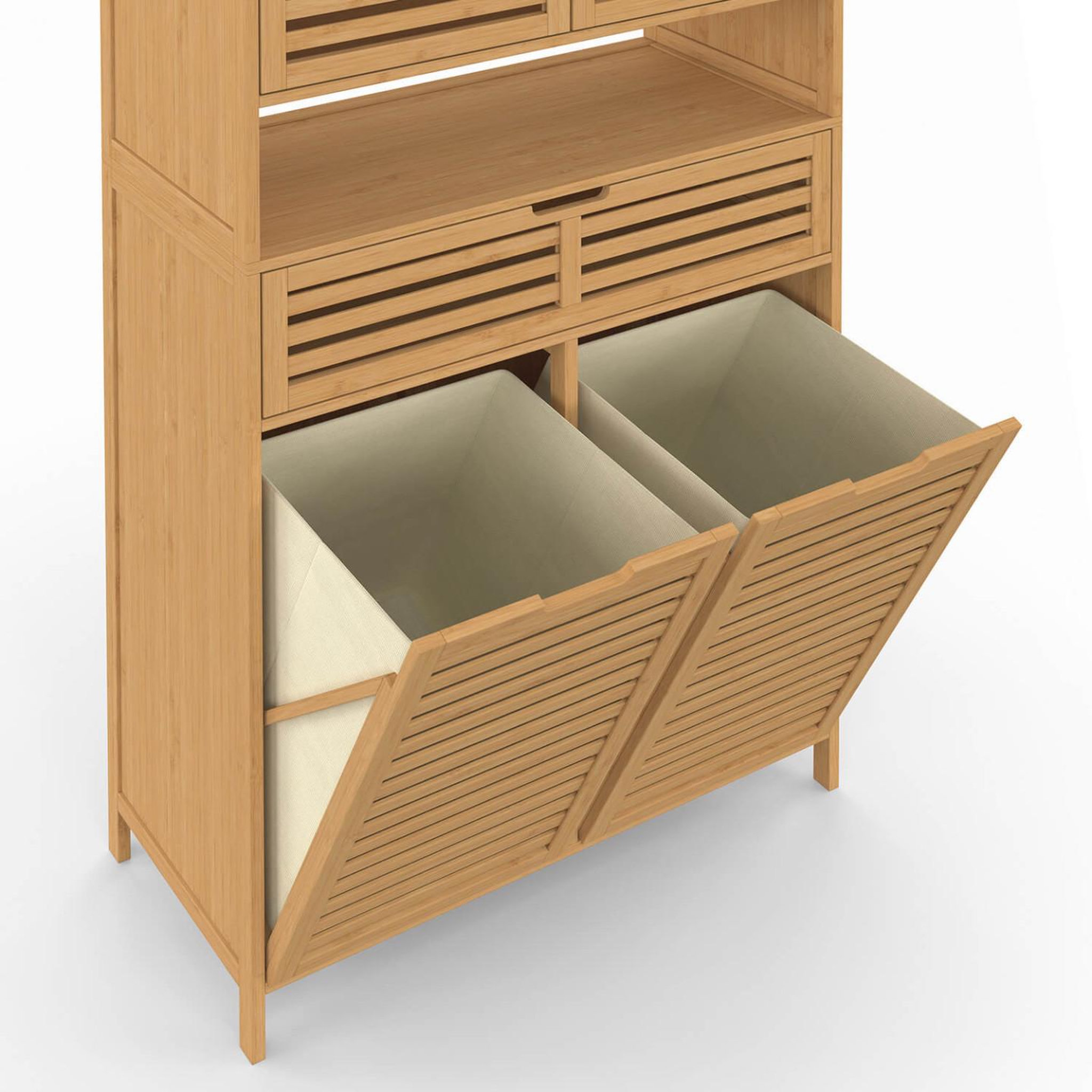 Voir la diapositive 6 : ID MARKET Meuble armoire colonne salle de bain bambou BEA 4 portes avec 2 paniers à linge amovibles 1 tiroir